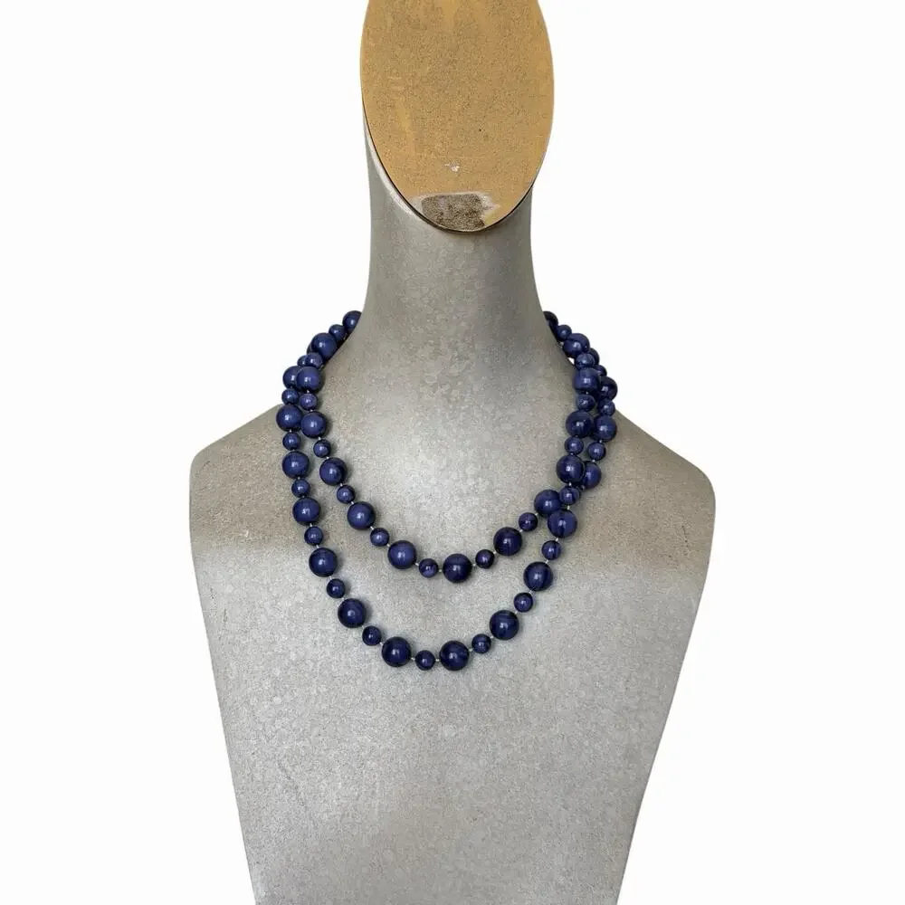 Vintage Blue Beaded Necklace Graduated Round Beads Retro Costume Jewelry